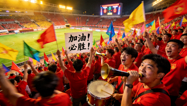 球迷在球场看台为球队加油助威的现场画面